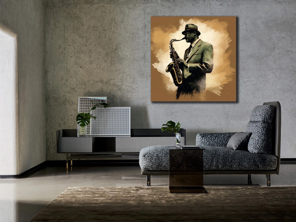 Jazz Saxophone Player Suit Hat Sepia Painting Music Lover Wall Poster - Image 3