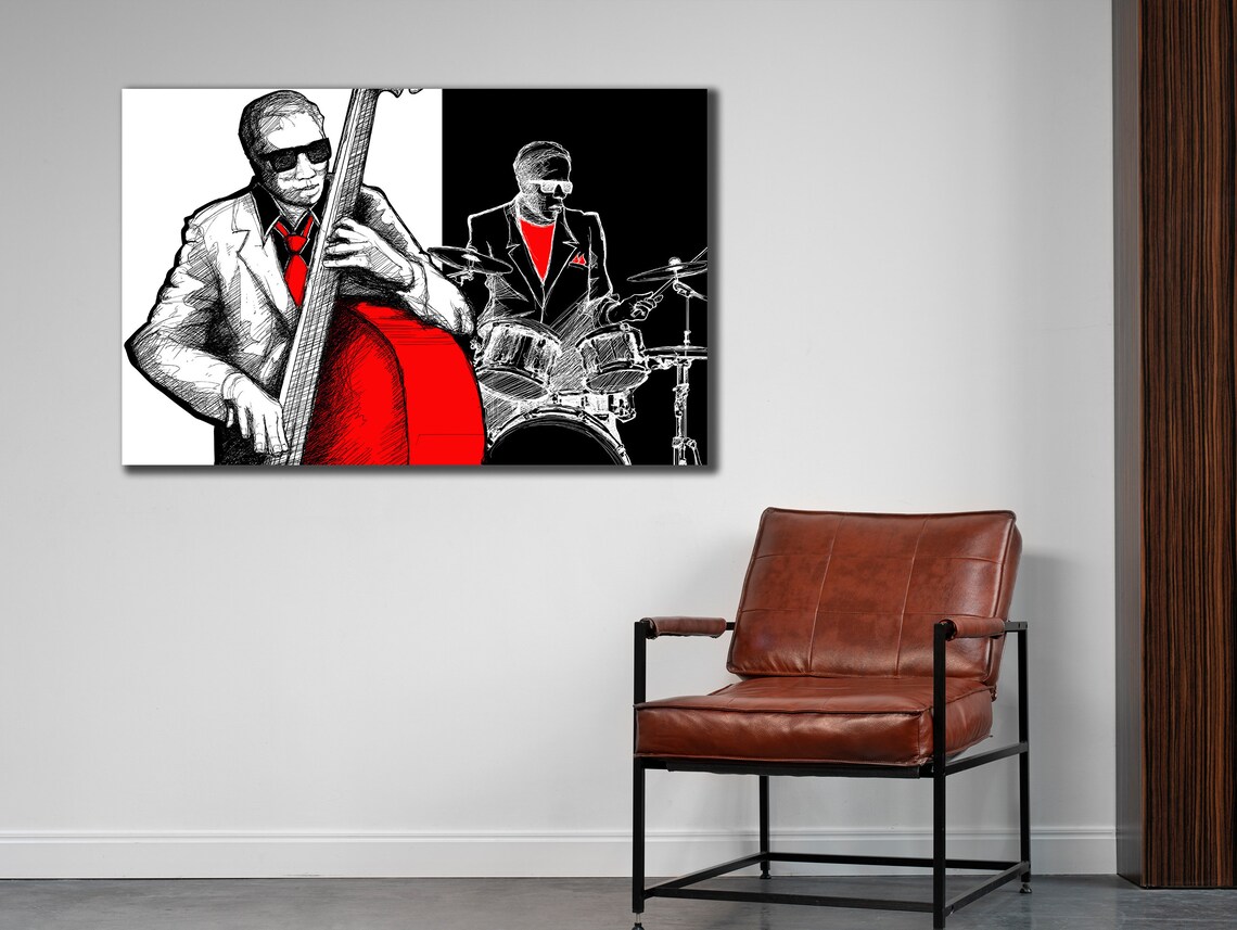 Jazz Duo Double Bass and Drummer Sketch Black White Red Art Poster - Image 2