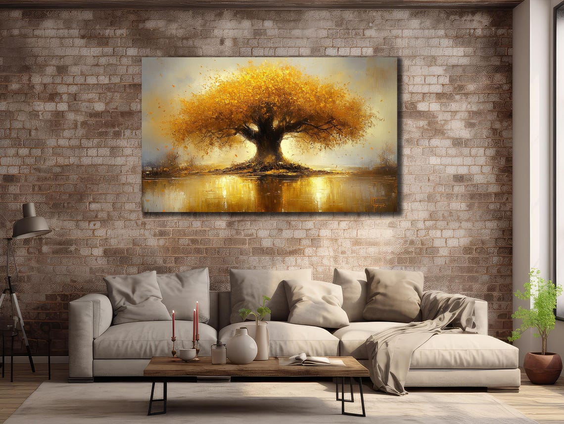 Golden Tree by the Lake Autumn Sunset Reflection Oil Painting Poster - Image 3