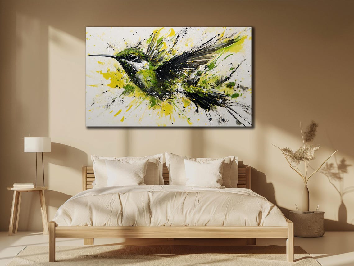 Emerald Green Hummingbird Splash Abstract Bird Painting Canvas Poster