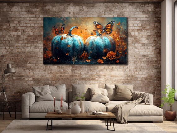 Two Teal Blue Pumpkins Butterflies Autumn Floral Night Art Poster