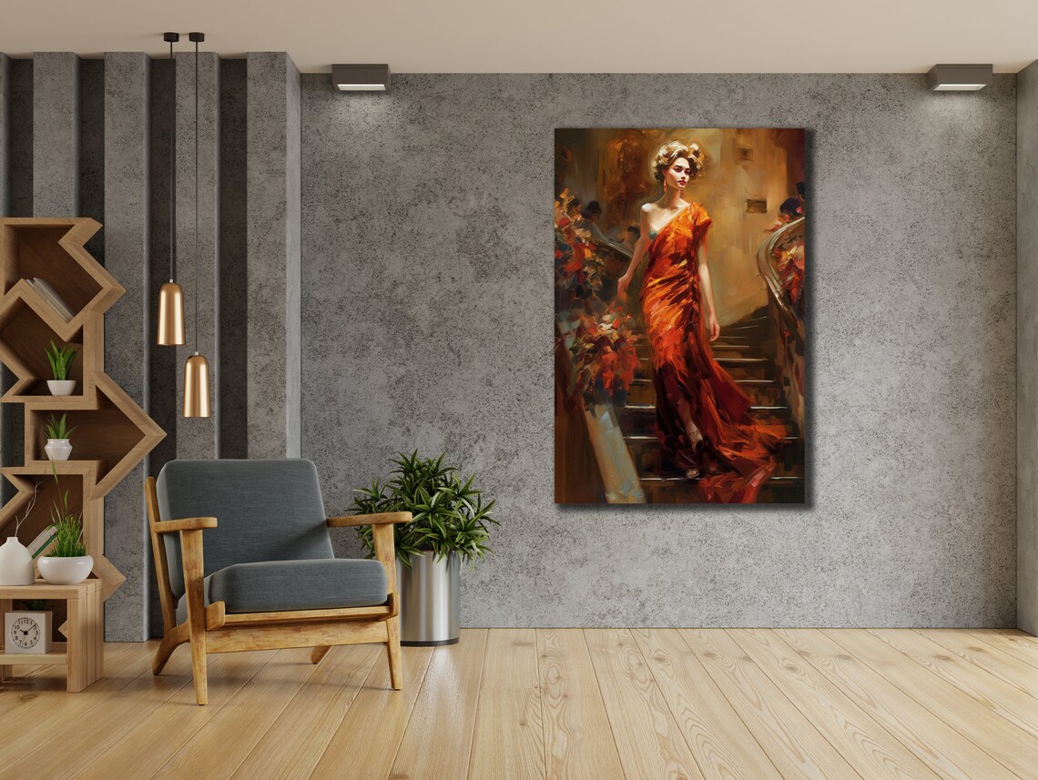 Woman In Orange Evening Gown On Grand Staircase Painting Poster