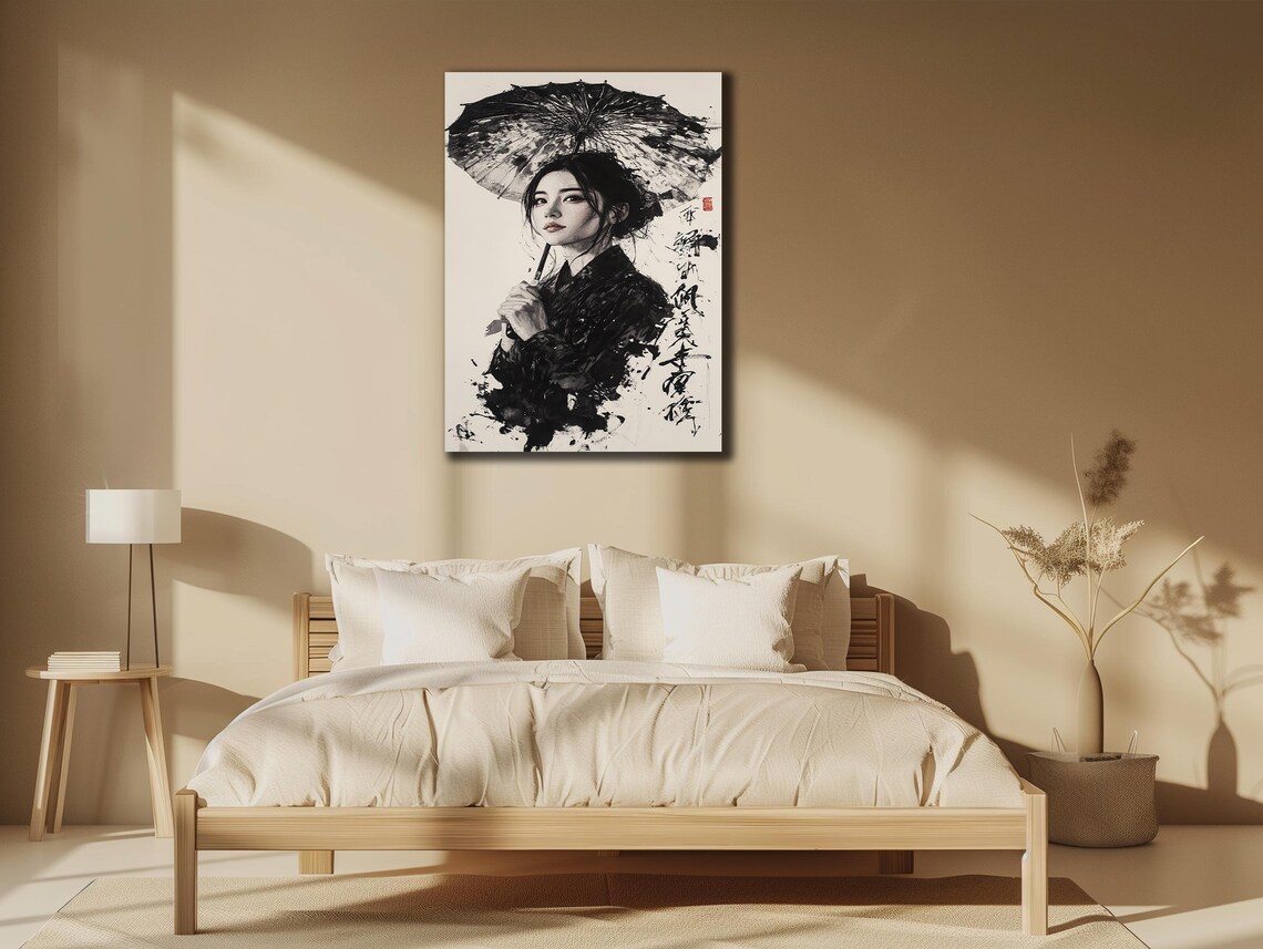 Geisha Portrait Ink Wash Parasol Close Up Japanese Beauty Wall Poster