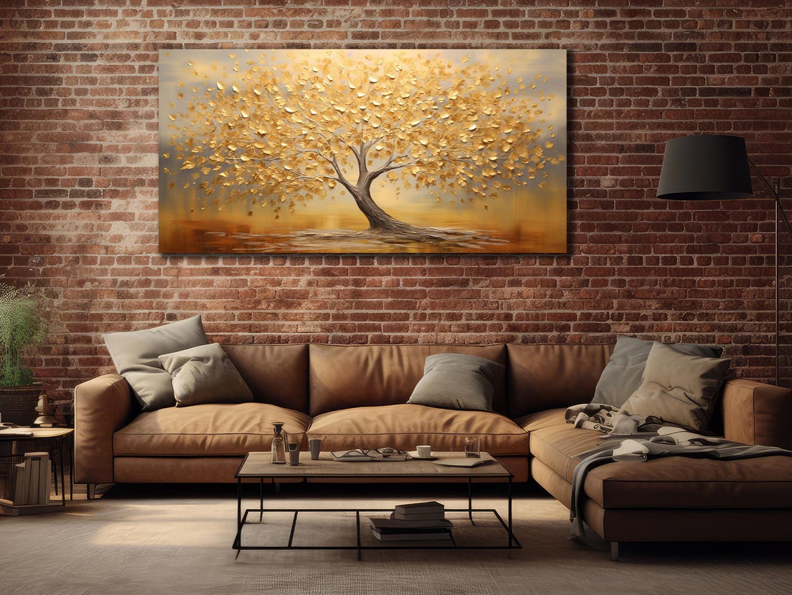 Golden Tree Spreading Branches Warm Beige Panoramic Art Poster