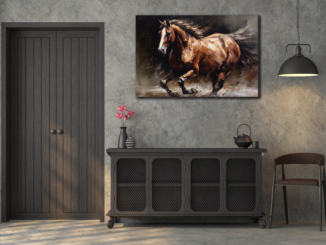Galloping Brown Horse Dynamic Oil Painting Dark Wall Art Poster - Image 2