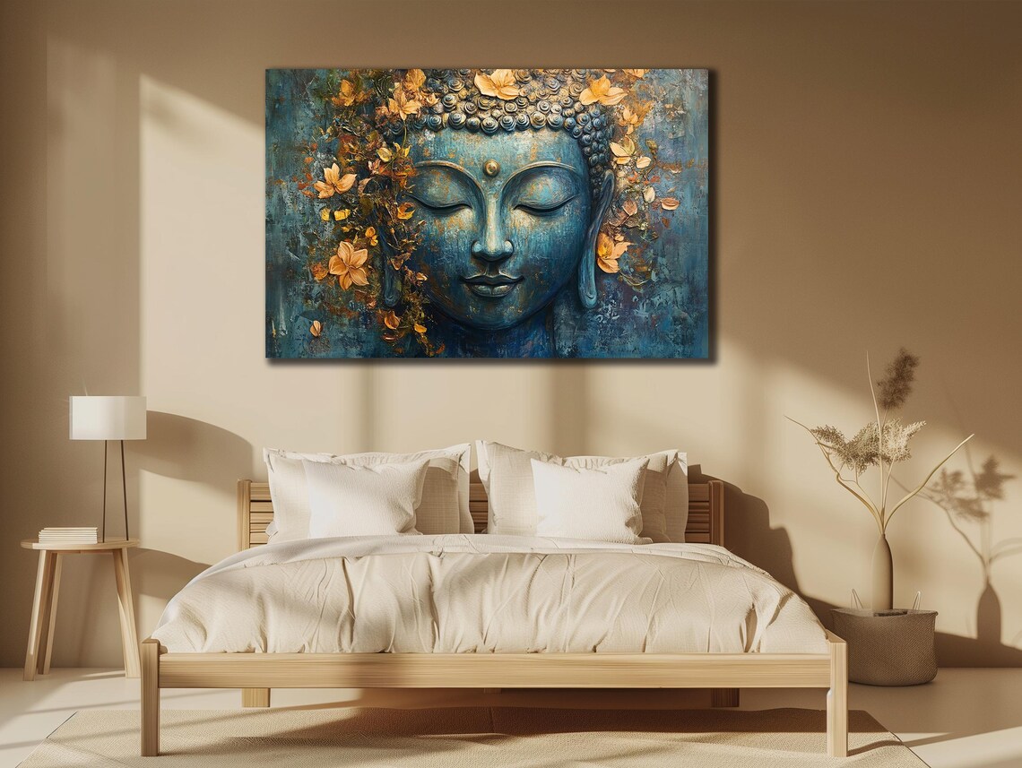 Buddha Face Golden Bloom Flowers Teal Blue Meditation Art Poster - Image 3