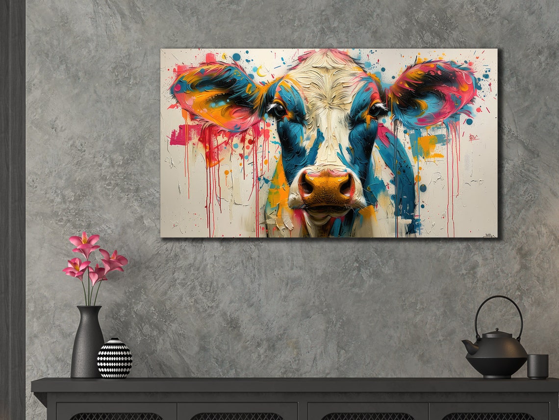Colorful Cow Printing Cow Wall Decor Abstract Animal Wall Art Painting On Colorful Animal Art Farmhouse For Gifts - Image 3
