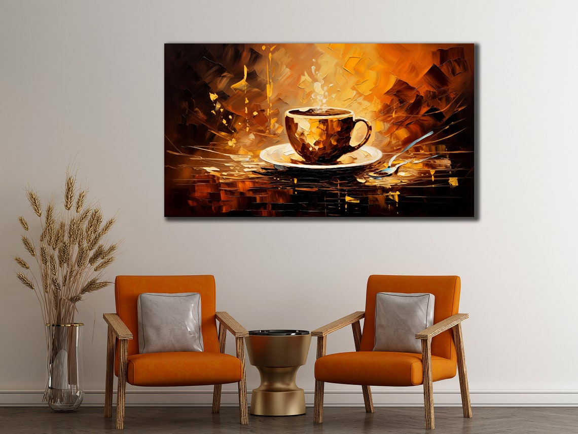 Golden Coffee Cup Steaming Amber Tones Kitchen Cafe Wall Art Print - Image 2