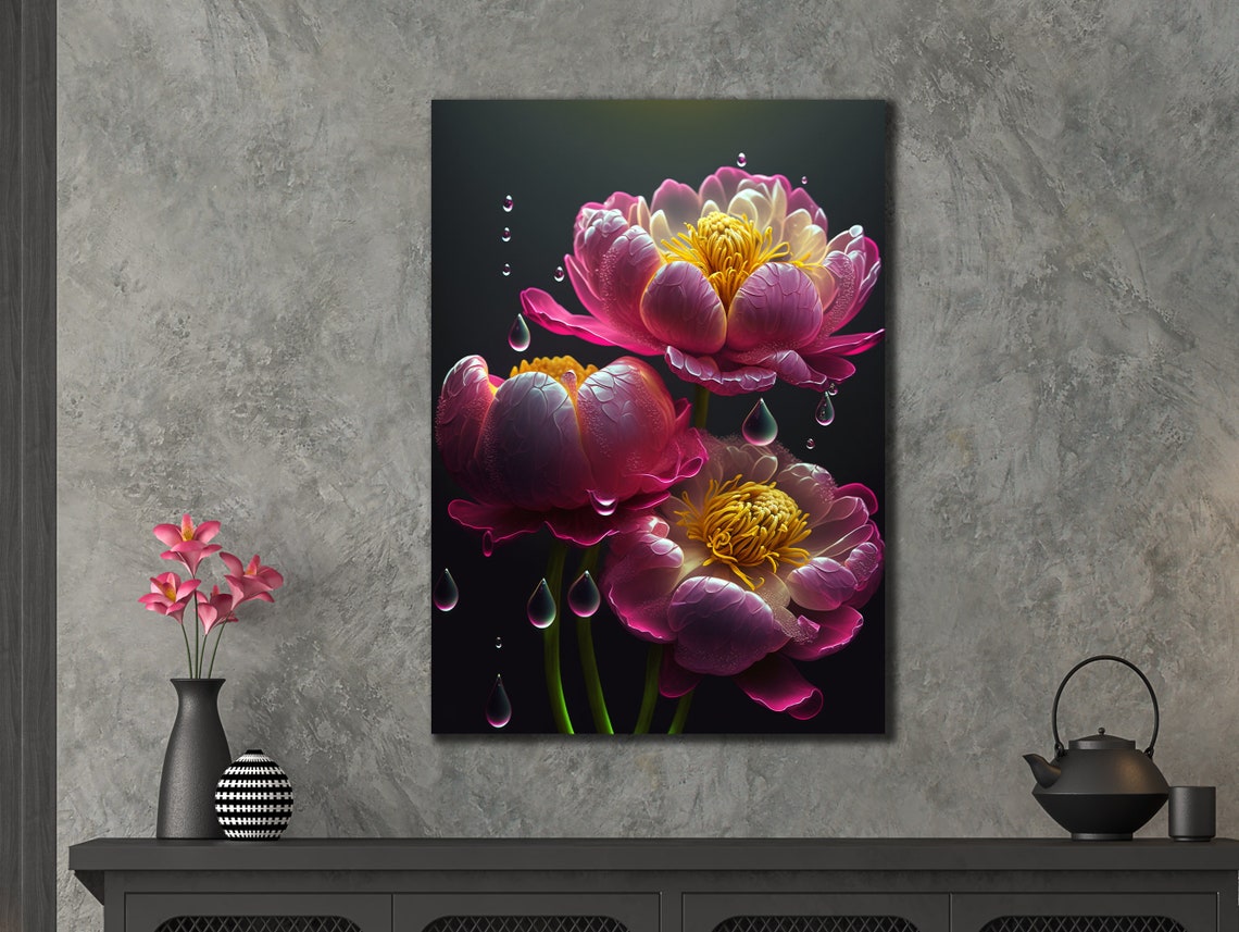 Pink Purple Peonies Water Drops Dark Background Floral Wall Poster - Image 3