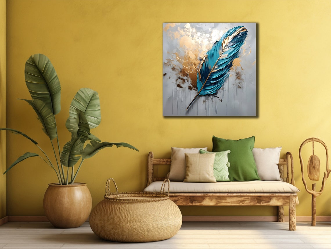 Turquoise Feather Gold Accents Elegant Minimalist Artwork Poster - Image 2