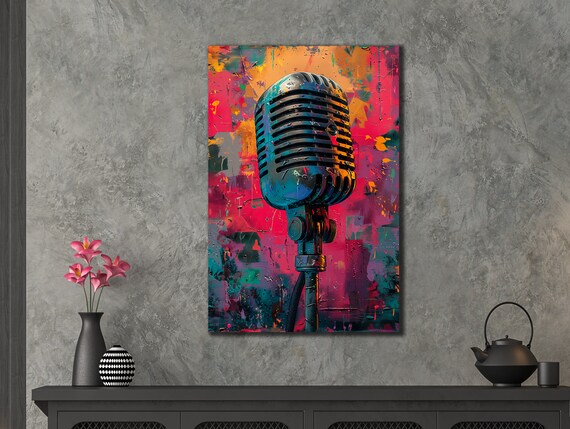 Vintage Microphone Colorful Pink Teal Abstract Music Studio Wall Art