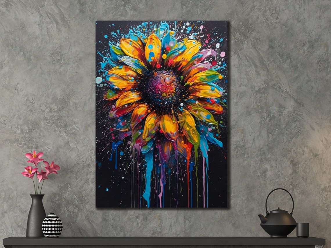 Vibrant Sunflower Black Background Colorful Drips Floral Art Poster - Image 3