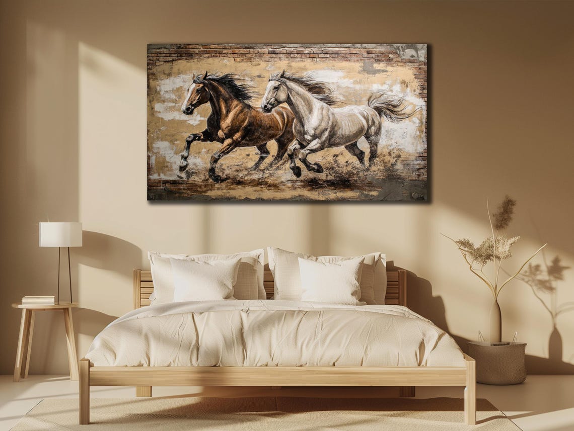 Brown and White Horses Running Wild Painterly Horse Art Poster