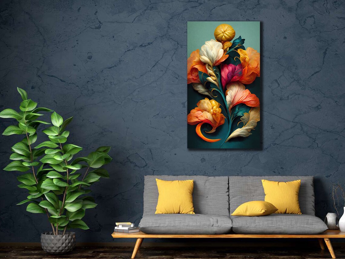 Vibrant Vertical Floral Arrangement Teal Background Art Poster - Image 3
