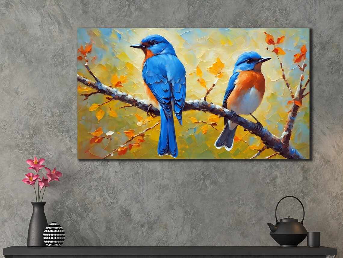 Bluebirds Perched on Autumn Branch Oil Painting Wall Art Poster - Image 3