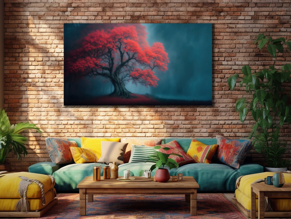 Red Tree Misty Teal Forest Dreamy Nature Painting Wall Art Print