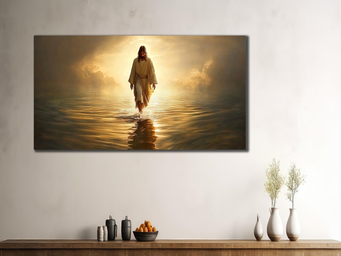 Jesus Walking On Water Golden Light Faith Spiritual Painting Poster - Image 3