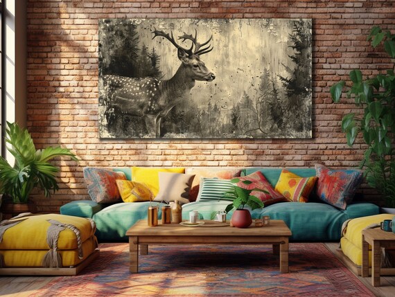 Spotted Deer With Antlers In Vintage Forest Sepia Wildlife Painting Poster