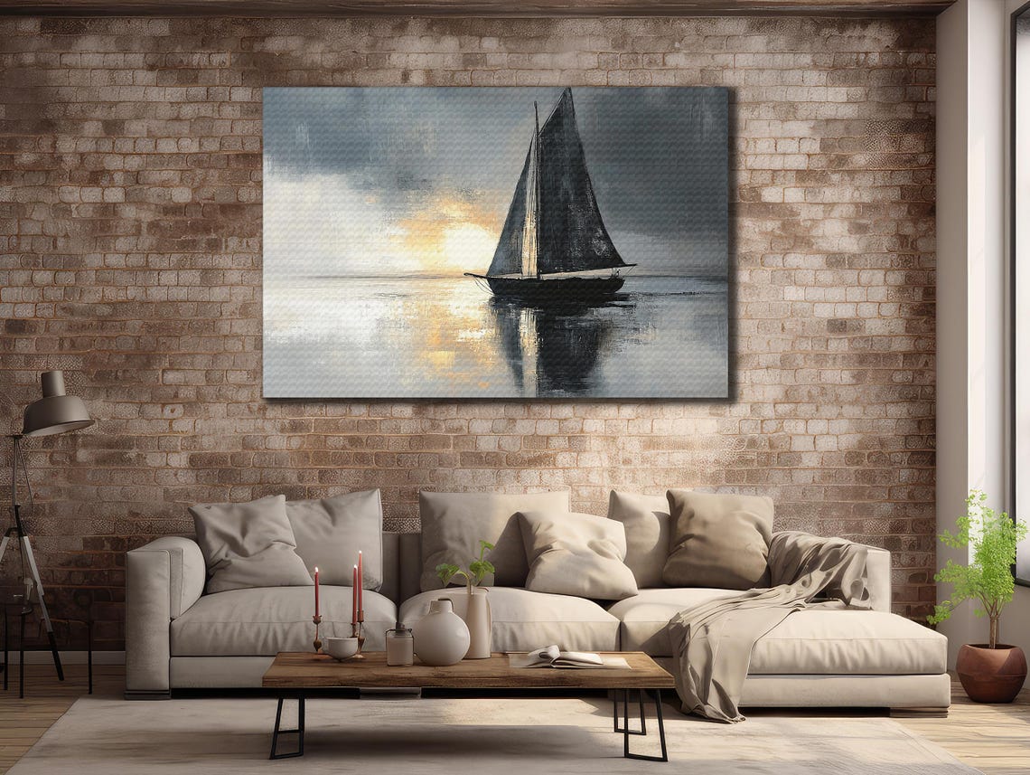 Moody Sailboat Silhouette Under Stormy Gray Sky With Sunbeam Art Print