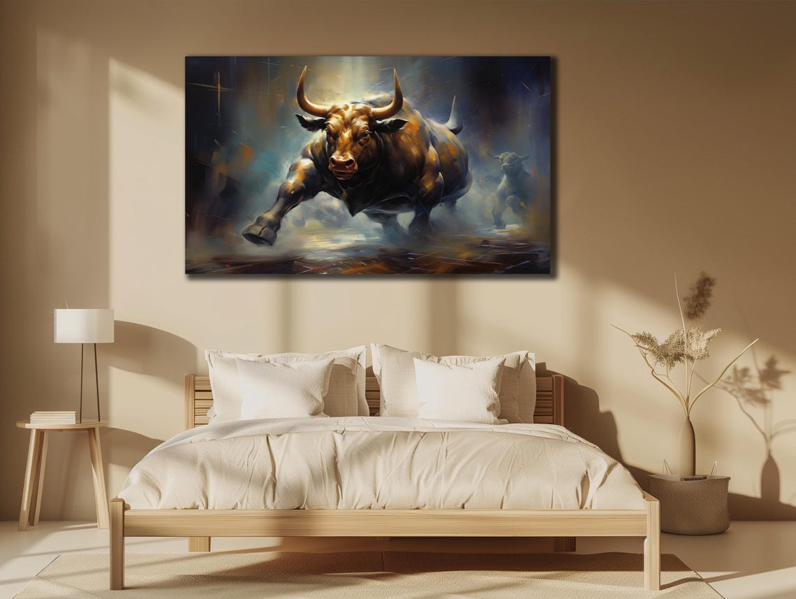 Brown Bull Running Through Misty Blue Night Dramatic Art Poster - Image 3