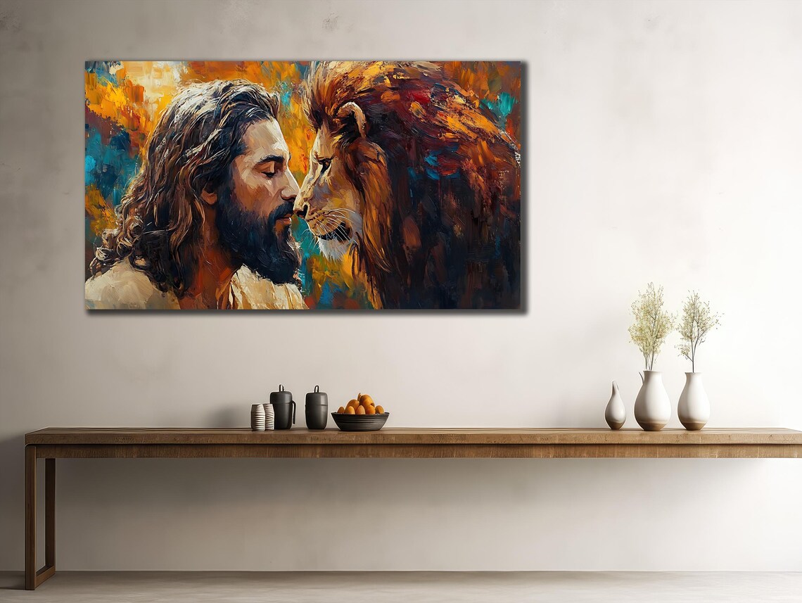 Jesus And Lion Face To Face Tender Christian King Of Kings Wall Art Print Poster - Image 2