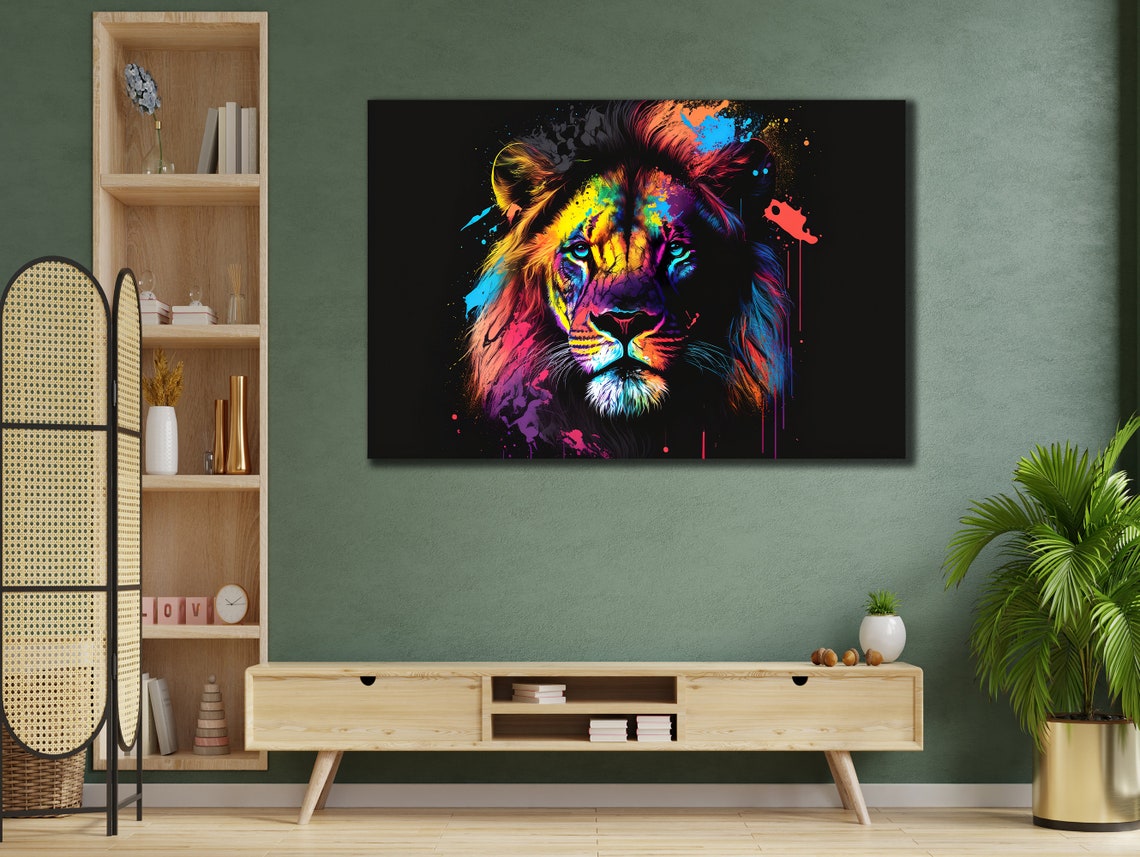 Rainbow Splash Lion Head Roaring on Black Background Art Poster - Image 2