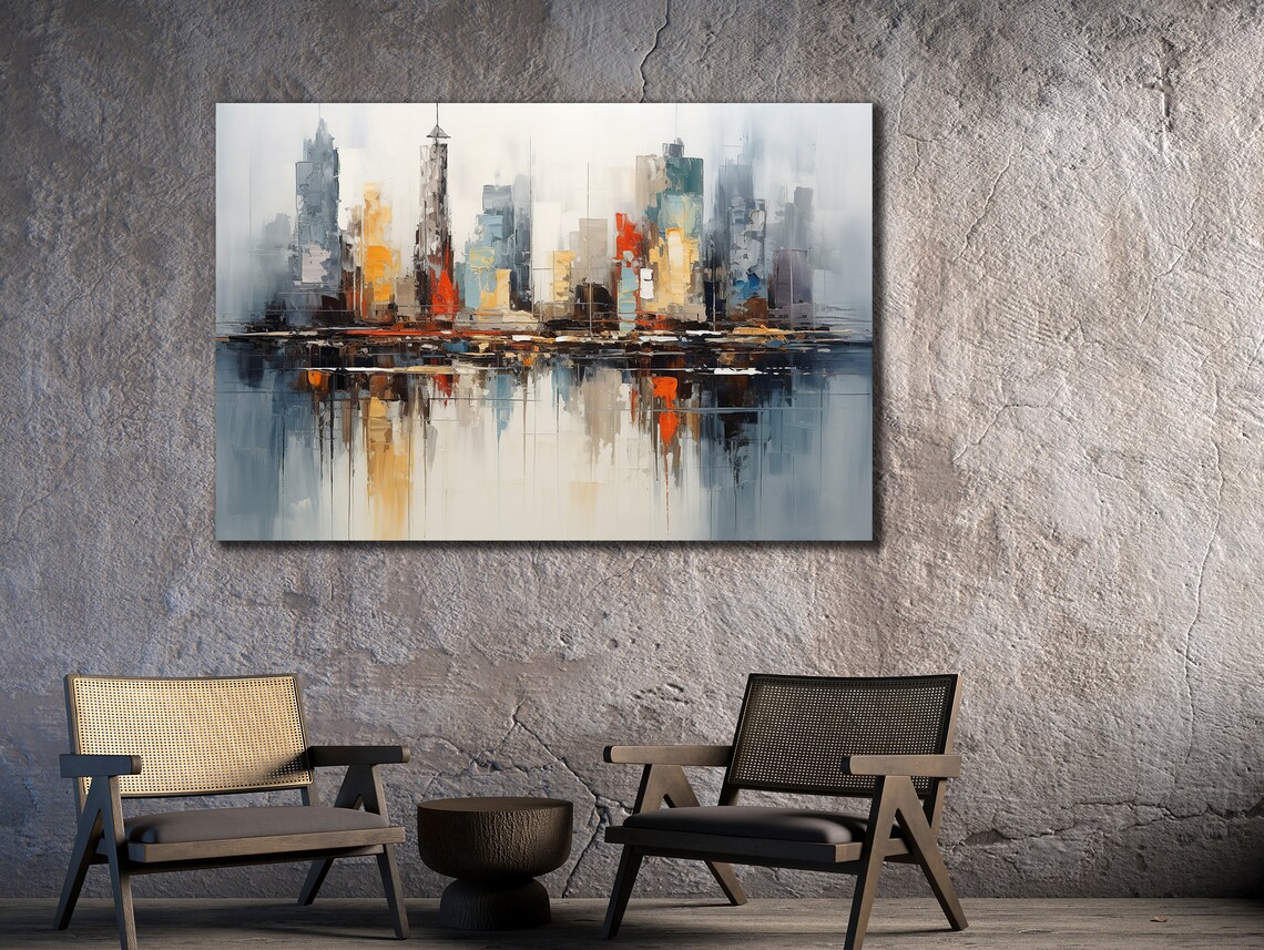 Abstract City Skyline Water Reflection Gray Blue Orange Art Poster - Image 2