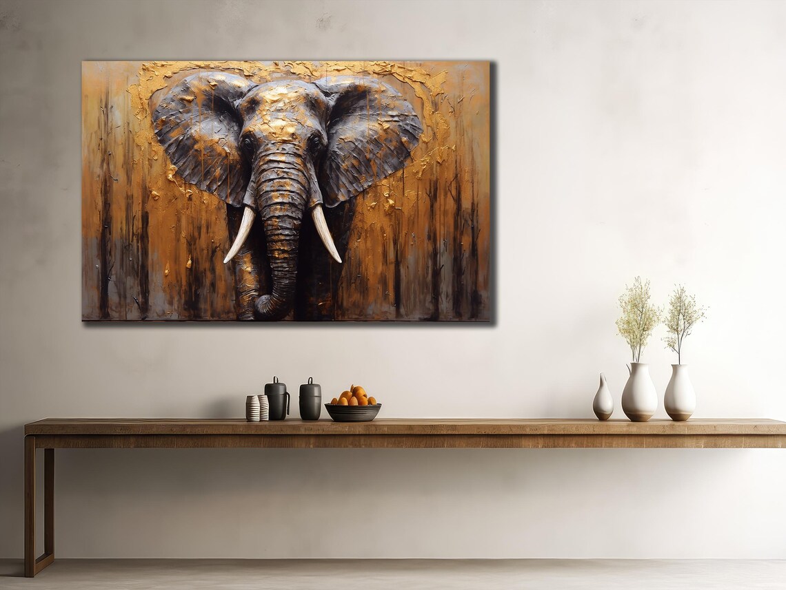 Golden Elephant Head Dark Bronze Textured Oil Painting Art Poster - Image 2