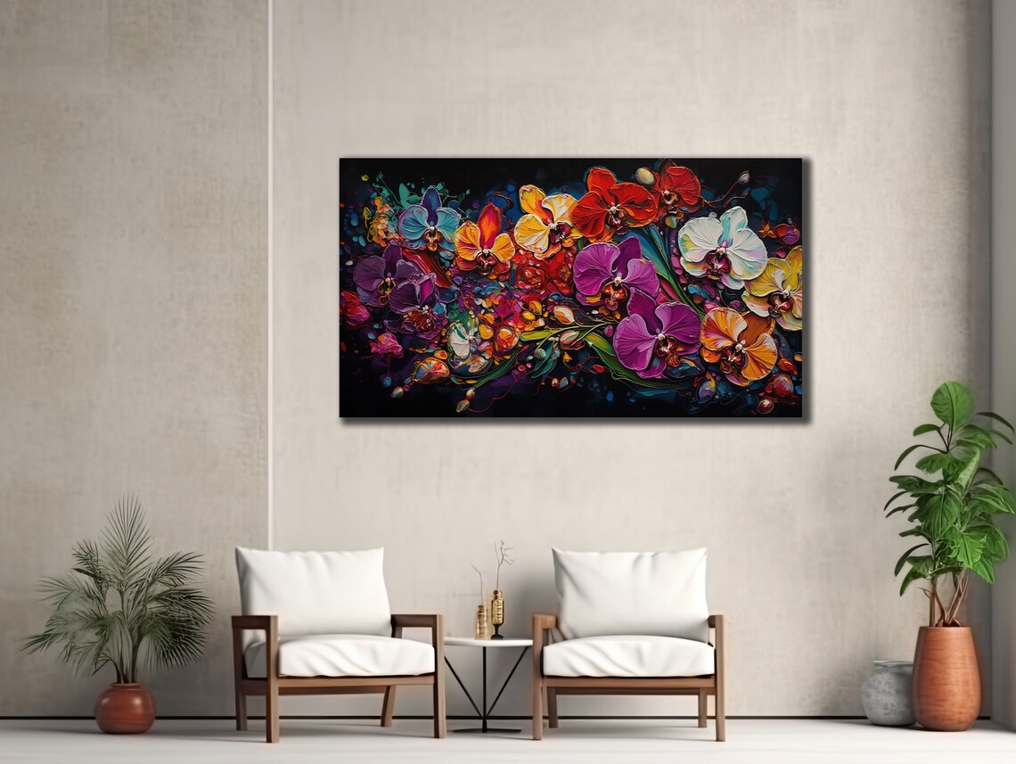 Colorful Orchids Black Background Vibrant Floral Oil Painting Poster