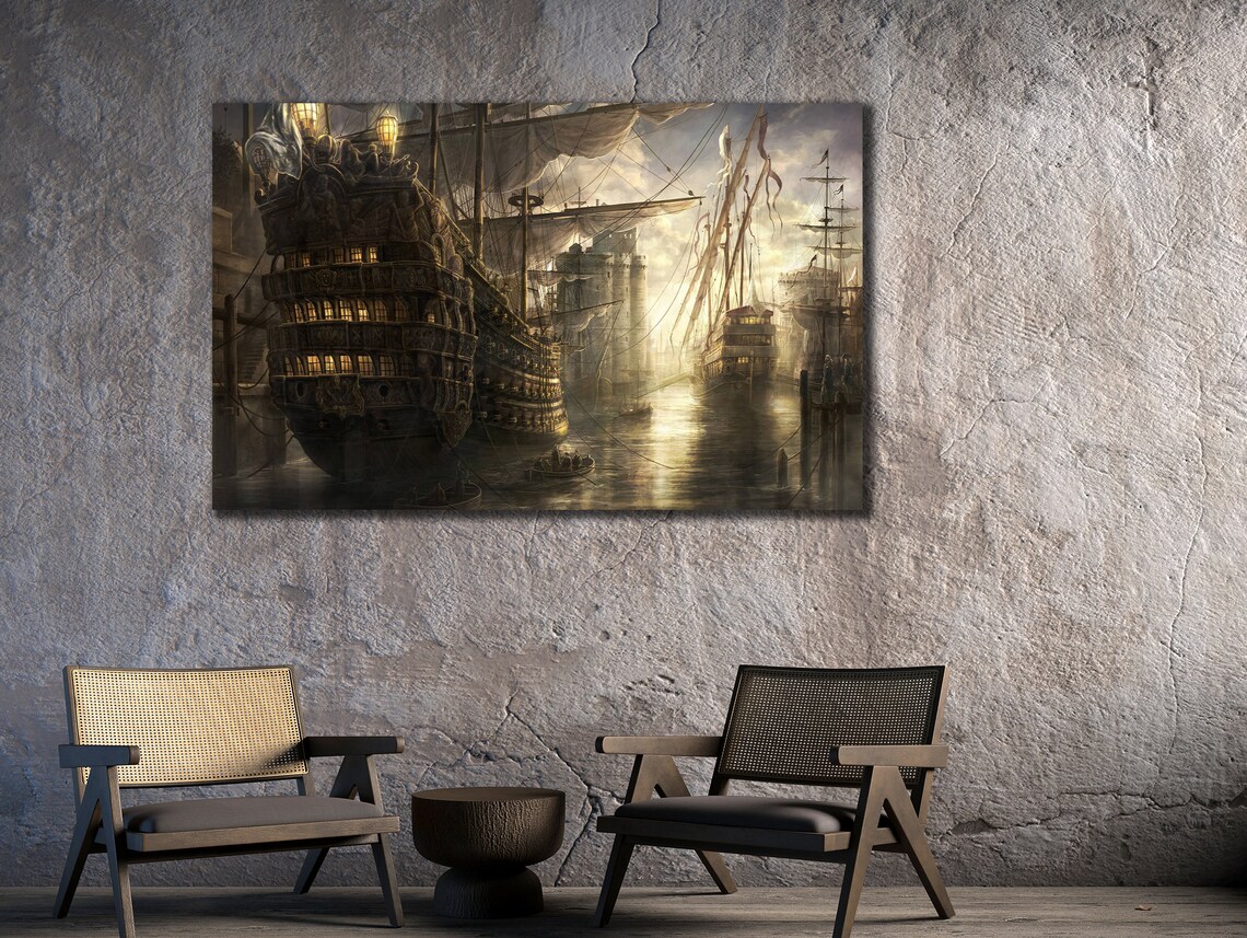 Tall Sailing Ship Golden Harbor Sunset Nautical Seascape Wall Art - Image 2