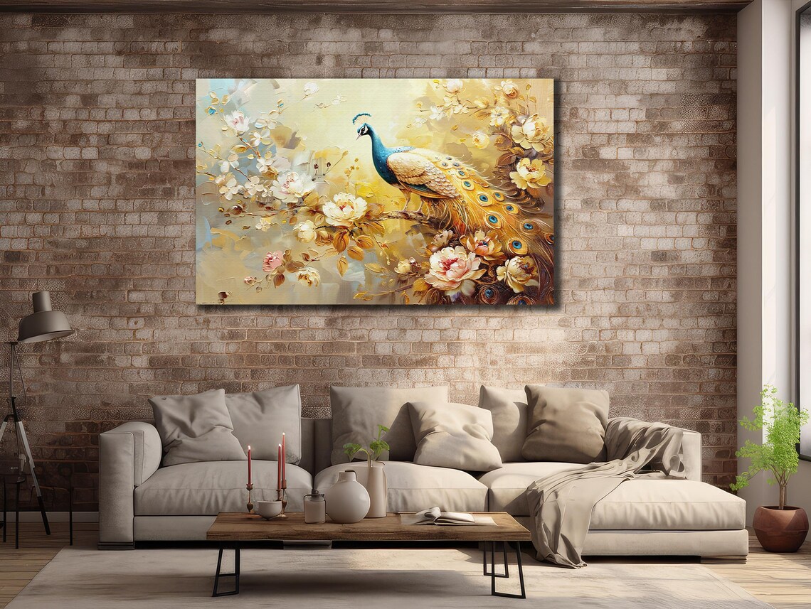 Golden Peacock Among Blossoms Elegant Blue Bird Floral Art Poster - Image 2