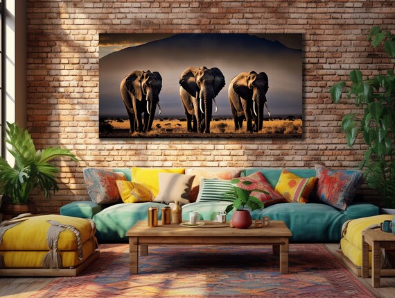 Three Elephants Savanna Mountain Sunset African Wildlife Art Poster
