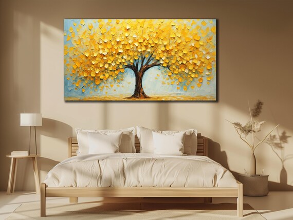 Tree Painting On Yellow Tree Wall Art Nature Wall Decor Oil Painting Style Luxury Bedroom Wall Decor Modern Office Decor