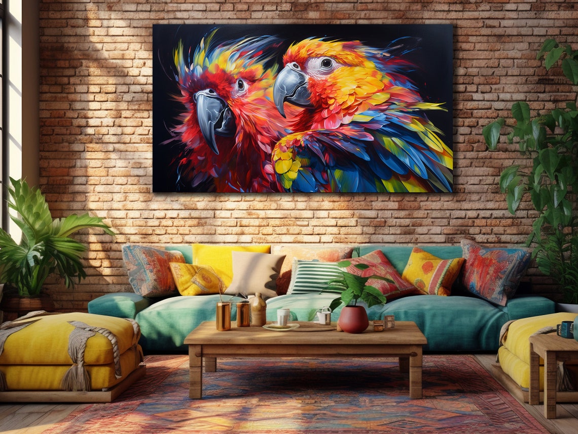 Two Macaw Parrots Vivid Red Blue Close Up Tropical Wall Art Print