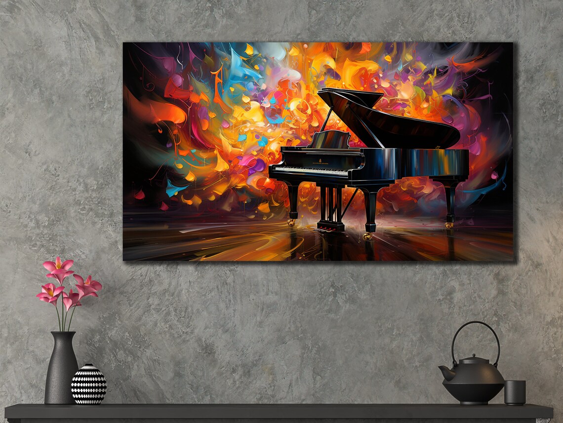 Grand Piano Colorful Abstract Burst Vivid Oil Painting Music Wall Art - Image 3