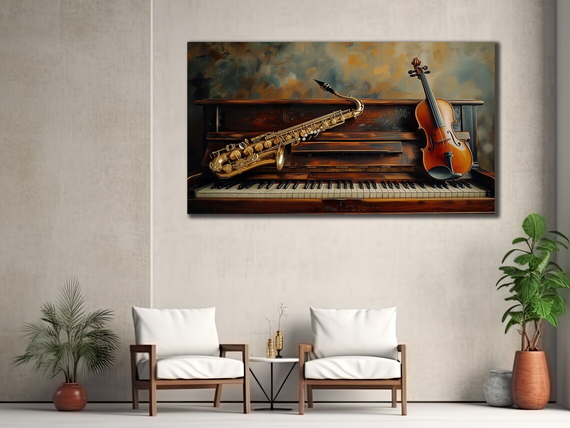 Vintage Piano With Saxophone Violin Jazz Music Room Wall Art Poster - Image 2