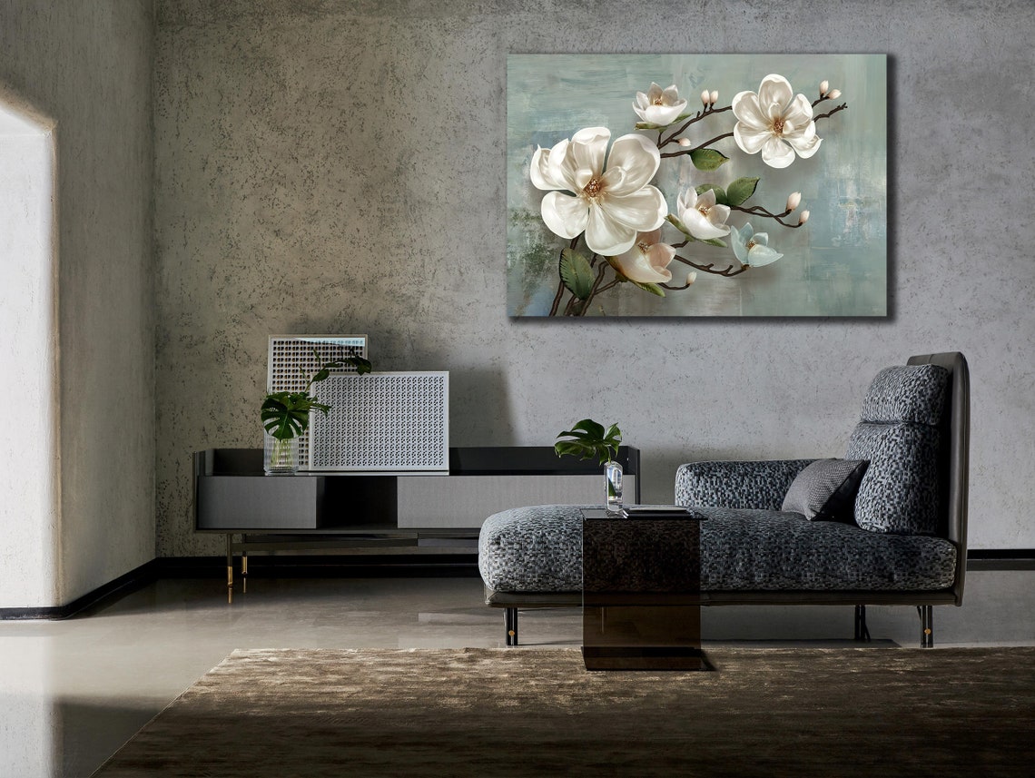 White Magnolia Blossoms Soft Sage Elegant Floral Wall Art Print - Image 3
