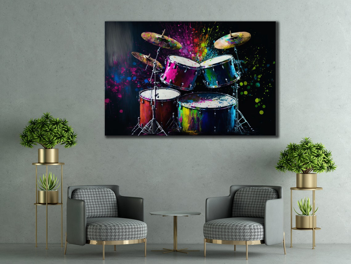 Neon Painted Drum Kit Dark Stage Music Instrument Wall Art Poster - Image 2