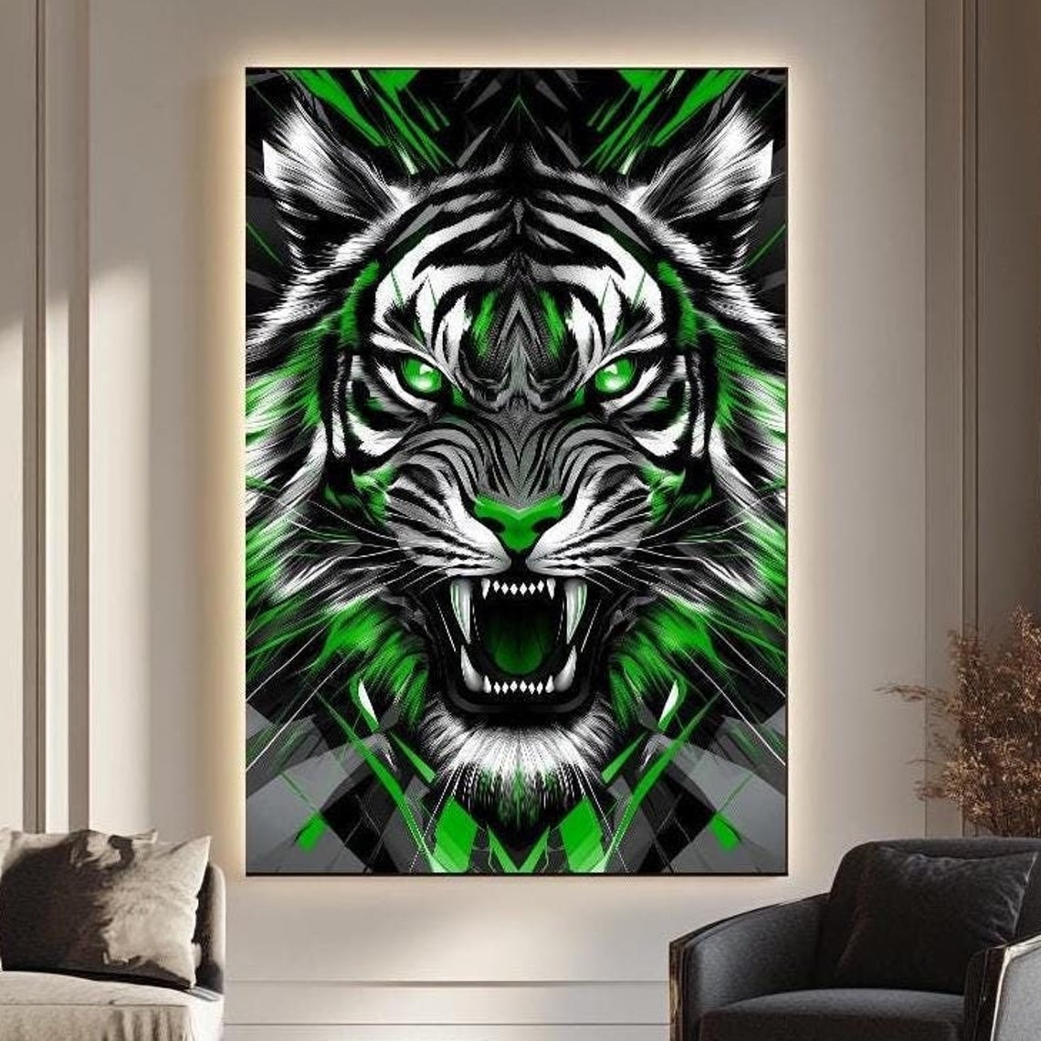Fierce Neon Green Roaring Tiger Abstract Jungle Animal Poster