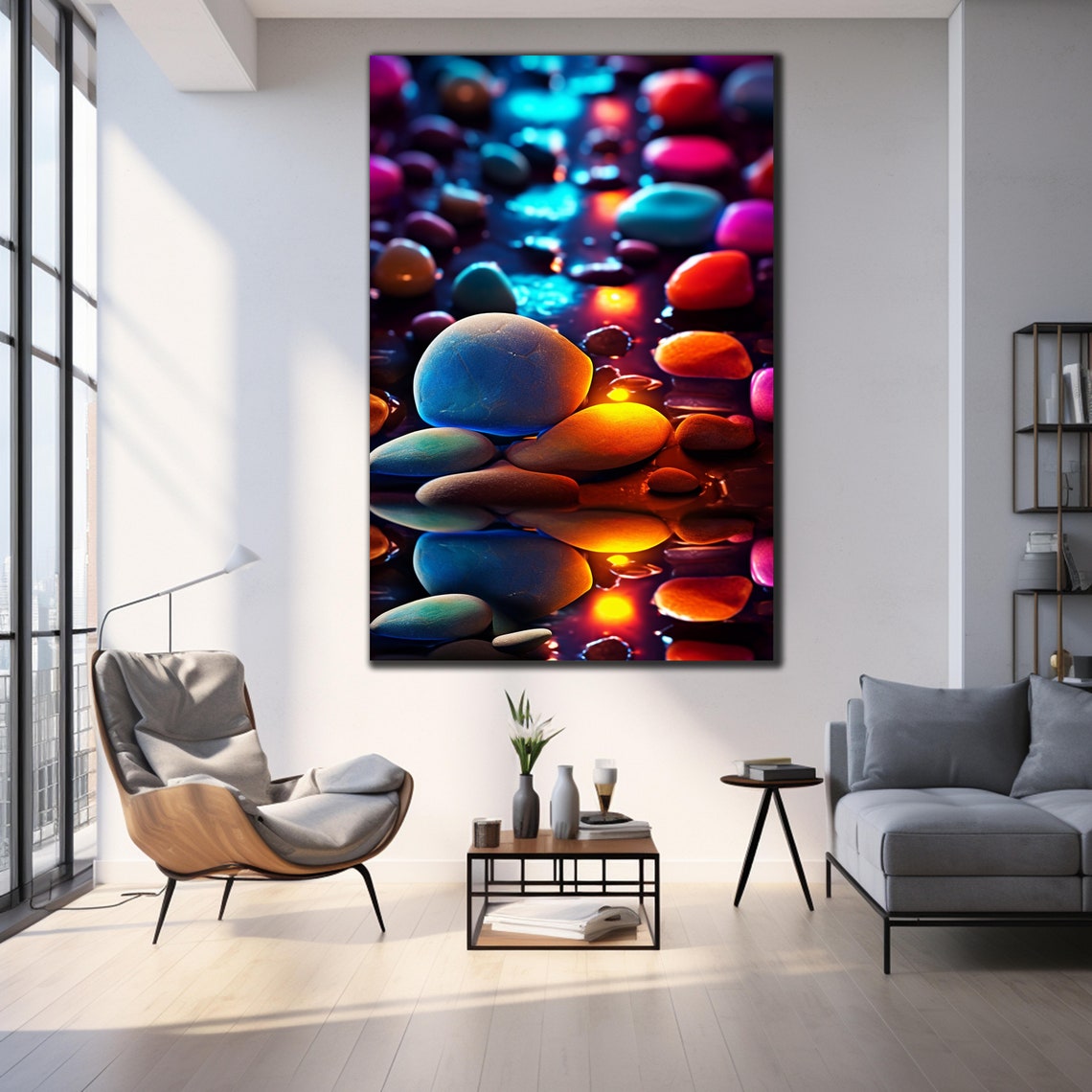 Colorful Glowing Zen Stones Macro Water Reflection Art Wall Poster - Image 3