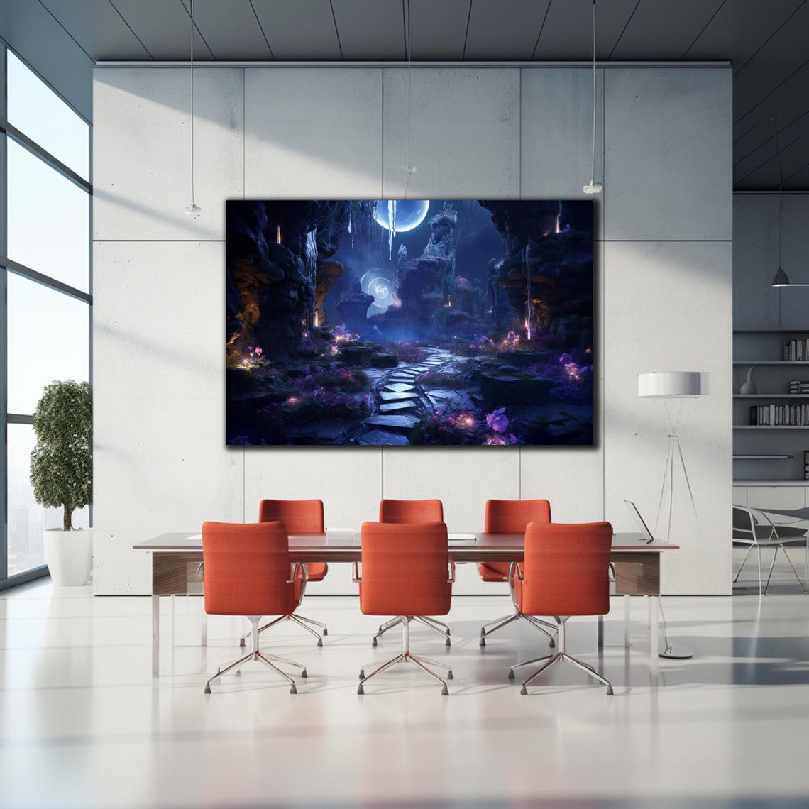 Moonlit Fantasy Cave Glowing Stone Path Purple Flowers Night Print - Image 2