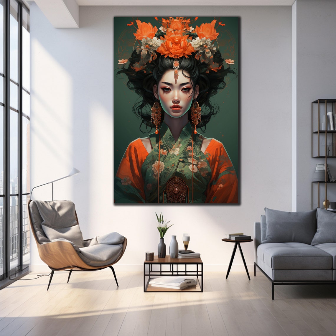 Floral Crown Beauty Green Kimono Teal Painterly Portrait Art Poster - Image 4