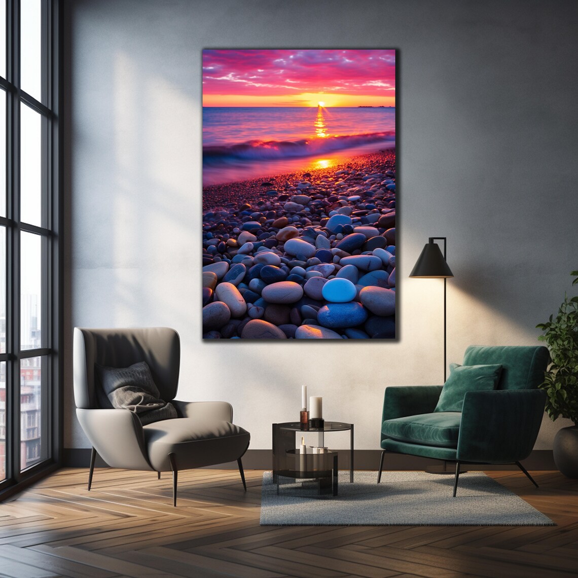 Pebble Beach Magenta Sunset Ocean Waves Smooth Stones Travel Poster - Image 2