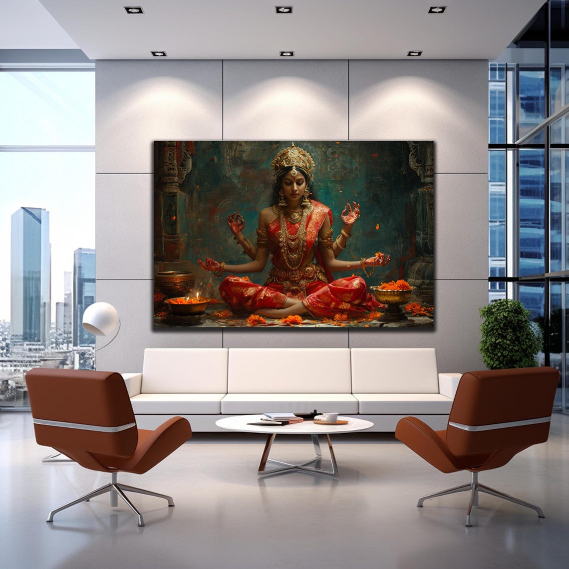 Goddess Lakshmi Red Sari Gold Jewelry Hindu Temple Deity Wall Art - Image 3