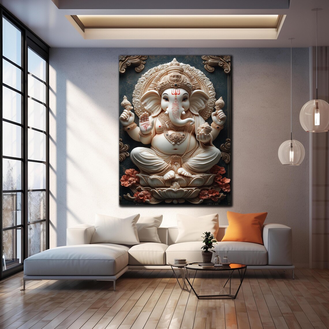 White Ganesha Statue Lotus Red Accents Hindu Blessing Wall Art Poster - Image 4