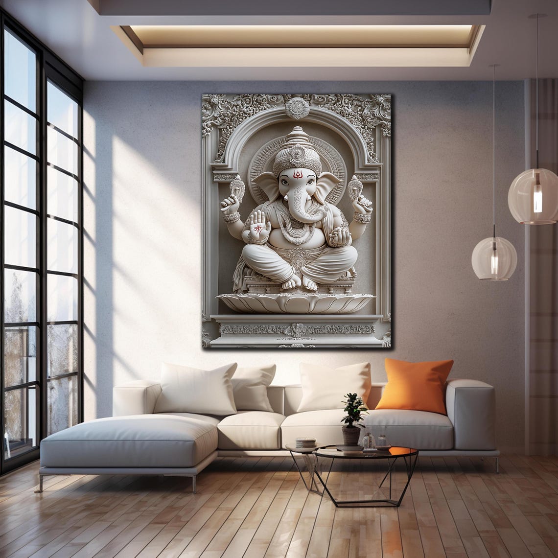 White Ganesha Temple Arch Carved Marble Blessing Wall Art Poster - Image 4