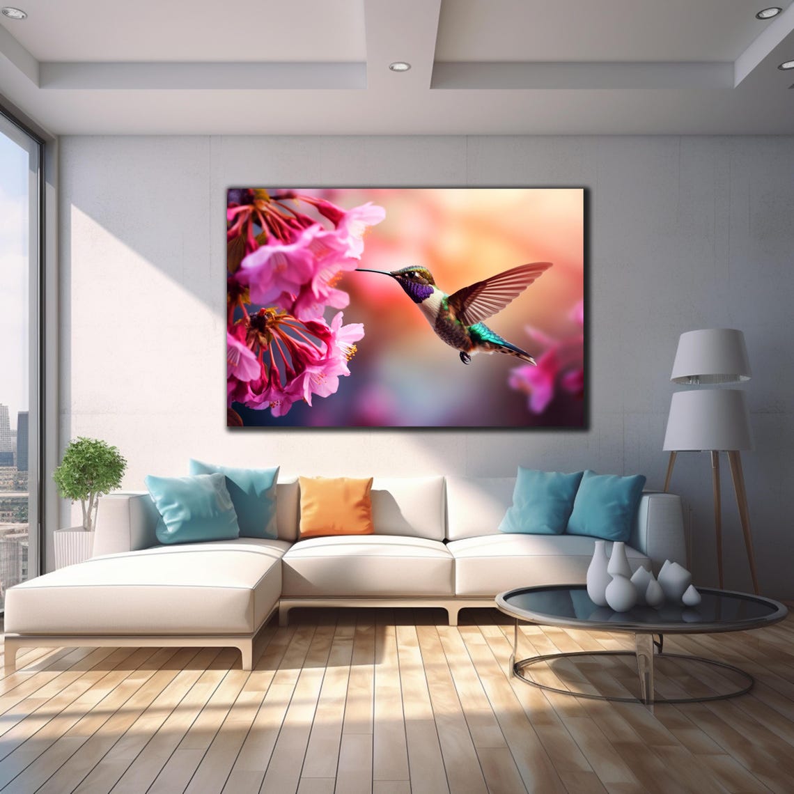 Hummingbird Hovering Pink Blossoms Close Up Purple Throat Poster - Image 4