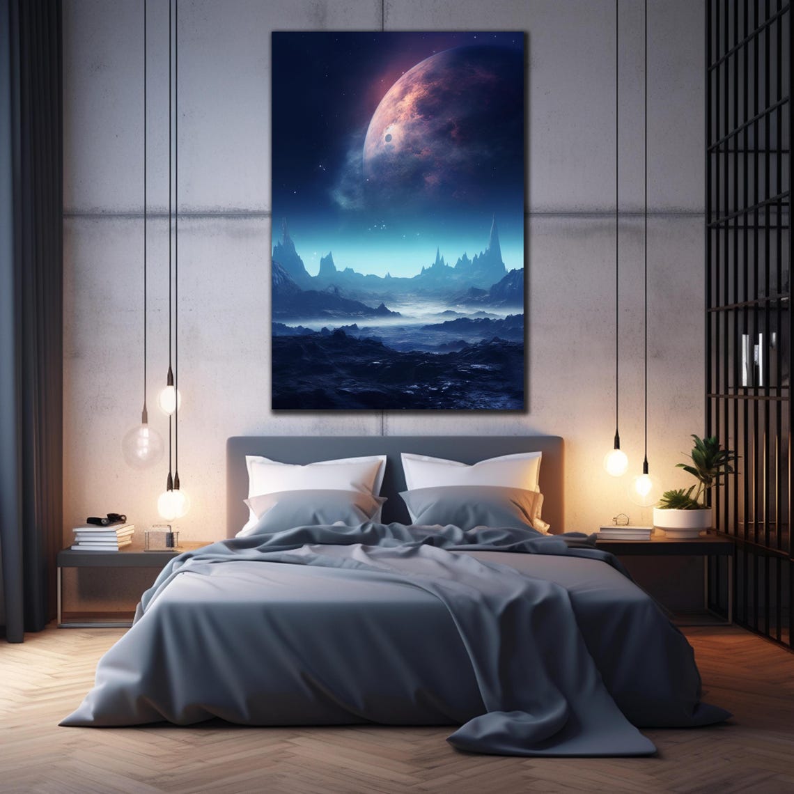 Alien Moon Planet Rising Over Misty Mountains Sci Fi Night Poster - Image 2