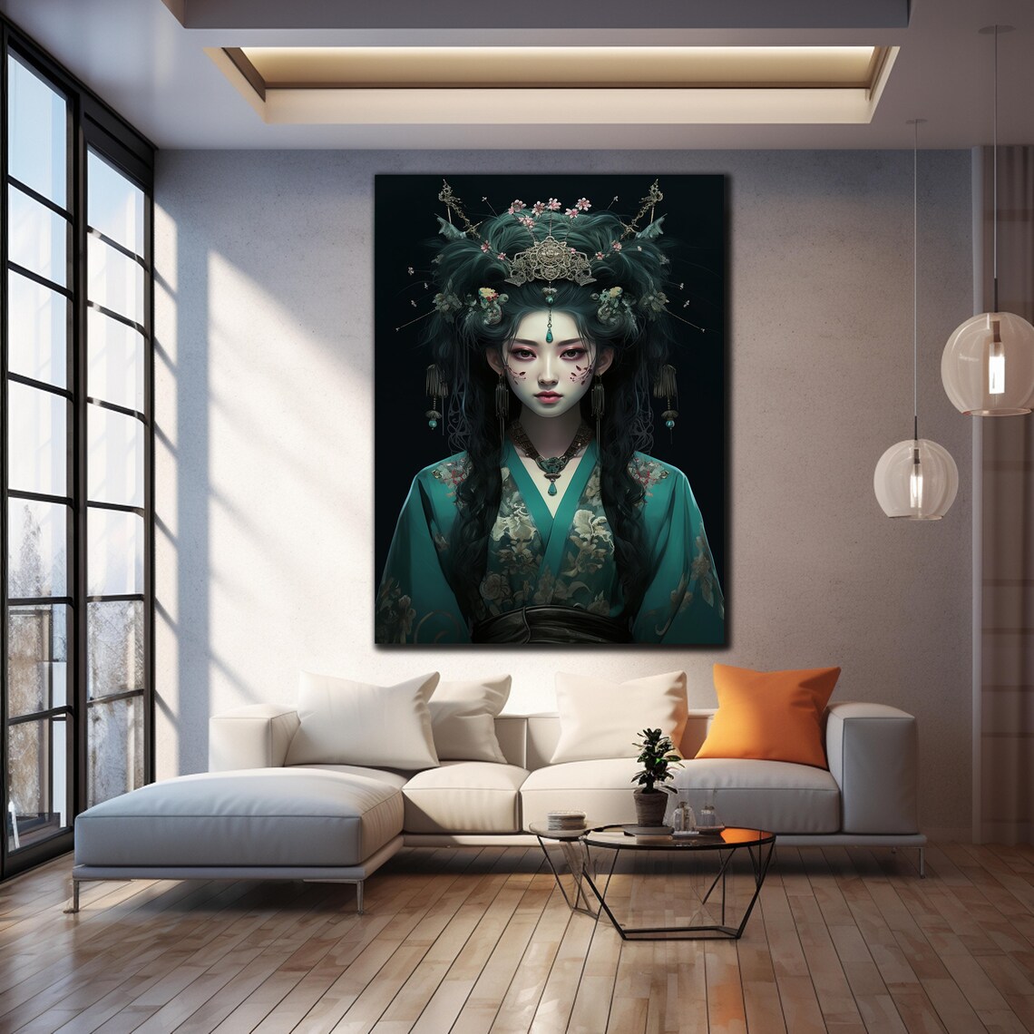 Teal Kimono Geisha Portrait Ornate Hair Dark Elegant Art Wall Poster - Image 4