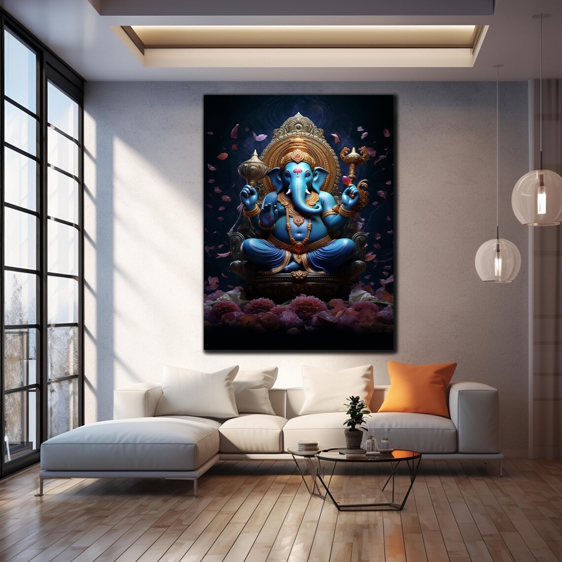 Lord Ganesha Blue Throne Golden Jewel Crown Divine Hindu Art Poster - Image 4